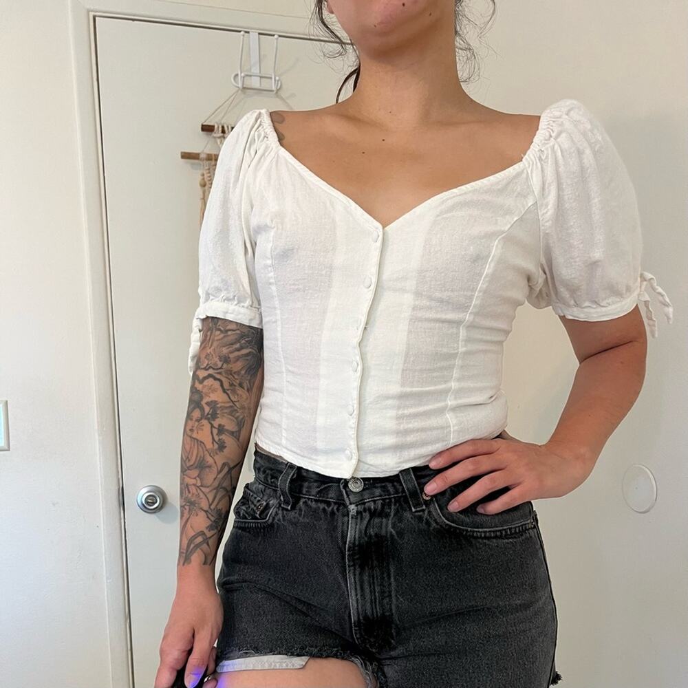 White Linen Button Up with Puffy Sleeves